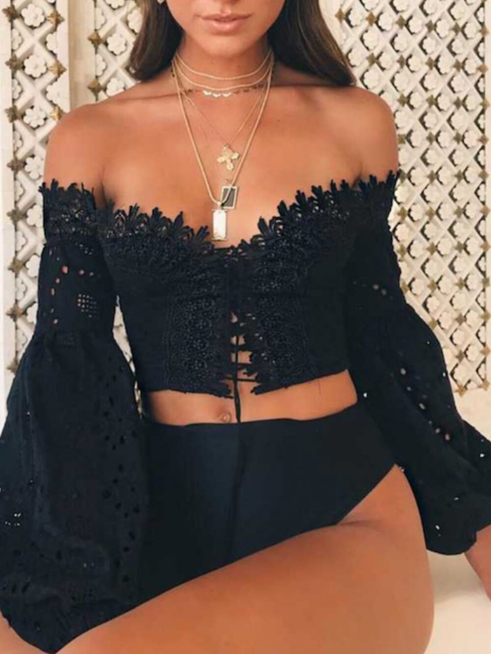 Blue Blush Black Lace Long Sleeve Crop Top